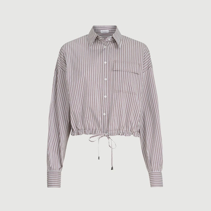 [Brunello Cucinelli] ���ڷ� ��ġ�ڸ� Striped cotton and silk poplin shirt with monili 261MH746NA916