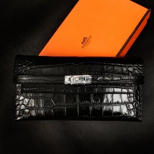 Hermes Kelly wallet H6009 Black Crocodile Patterns leather 