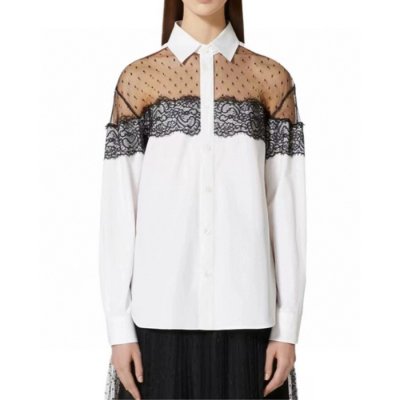 [Valentino] ���� �߷�Ƽ�� Women's White Red Lace Detailed Long-sleeved Shirt 24030933
