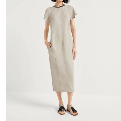[Brunello Cucinelli] ���ڷ� ��ġ�ڸ� Viscose and linen fluid twill dress with precious collar 251MH126AHB5