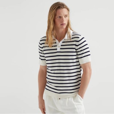 [Brunello Cucinelli] ���ڷ� ��ġ�ڸ� Cotton striped knit polo shirt with twill collar 252M29203705P