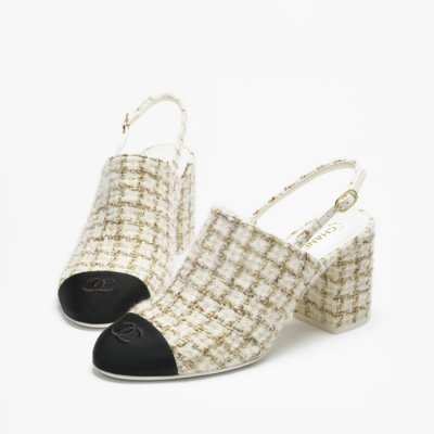 [Chanel] ���� Wool and Mohair Tweed & Grosgrain  Ecru, Beige & Gold Slingbacks G46865