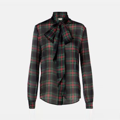 [Saint Laurent] ���ζ� plaid bow-tie blouse 842861